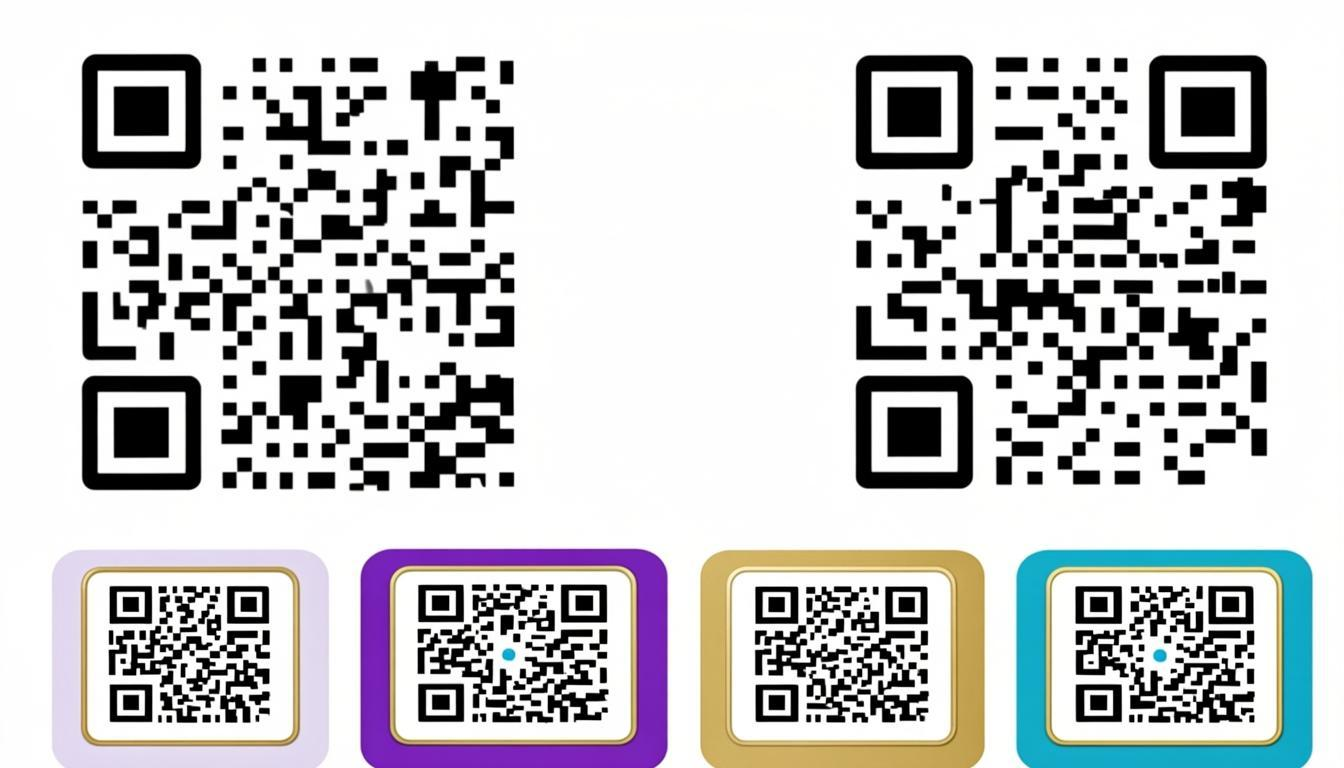 Custom QR code design examples — round dots, gradient colors, logo integration, frames