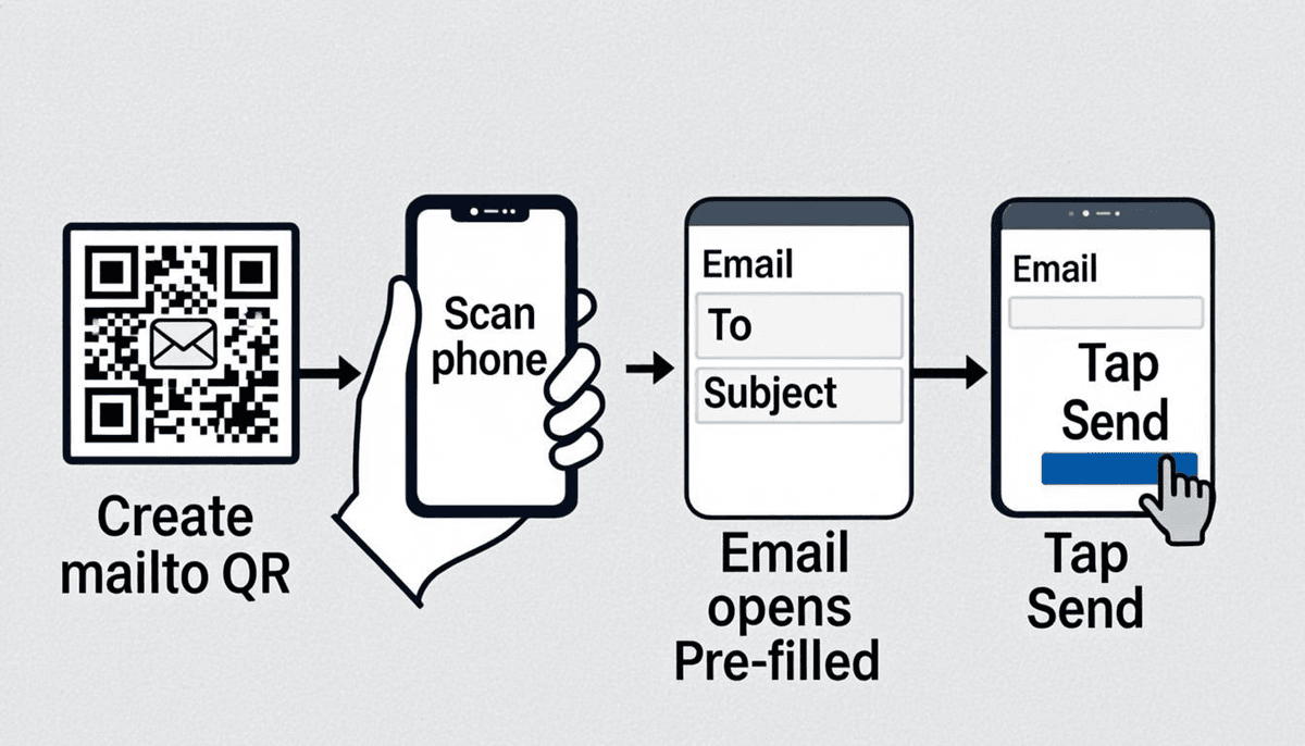 How email QR codes work — create mailto QR code, scan with phone camera, email app opens with pre-filled fields