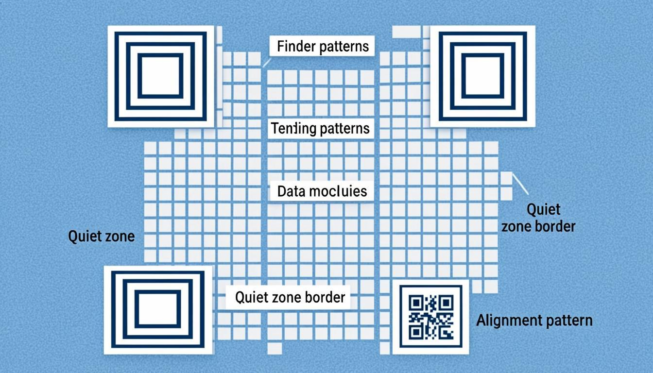 QR code anatomy diagram showing finder patterns, alignment patterns, and data modules