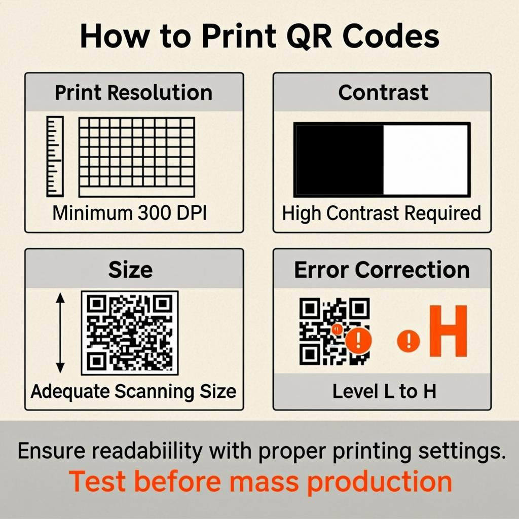 QR code printing quality guide showing file formats, DPI, color contrast, materials, and testing