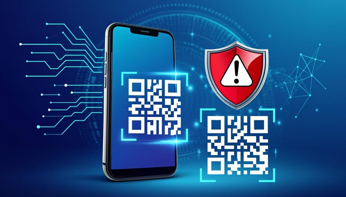 QR code security — scanning malicious QR code with cybersecurity warning shield