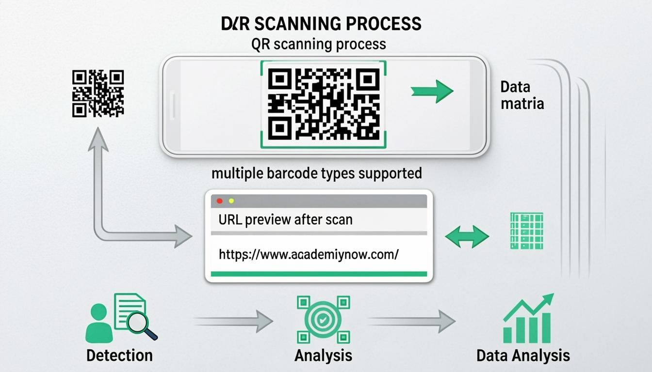 QR code scanning process — camera detection, instant results, URL preview after scan