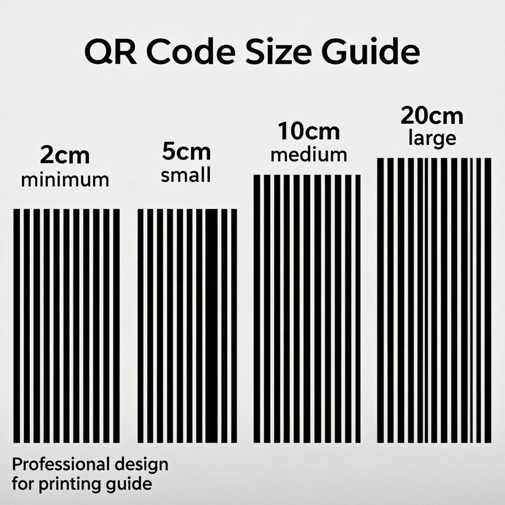 QR code size guide showing recommended sizes for business cards, flyers, posters, billboards, and product packaging