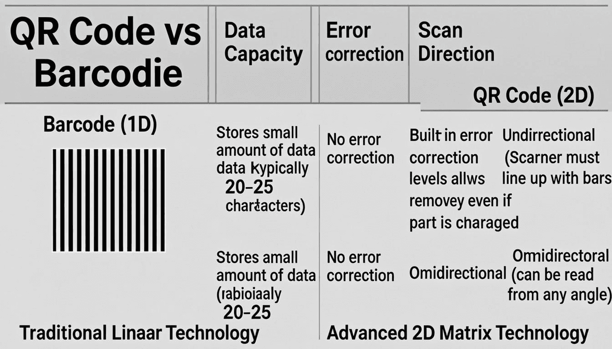 QR code versus barcode side-by-side comparison showing key differences in data capacity, error correction, scan direction, and best use cases for each format