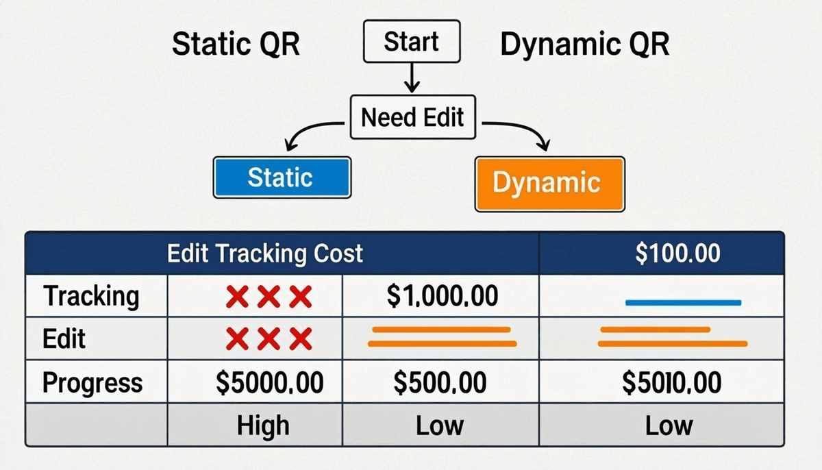 Static and dynamic QR code differences illustrated — direct encoding vs server redirect architecture