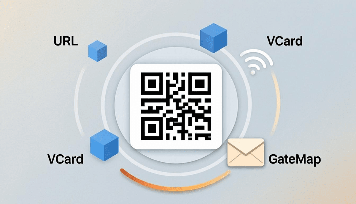 QR code data types and categories — URL, WiFi, vCard, payment, geolocation types