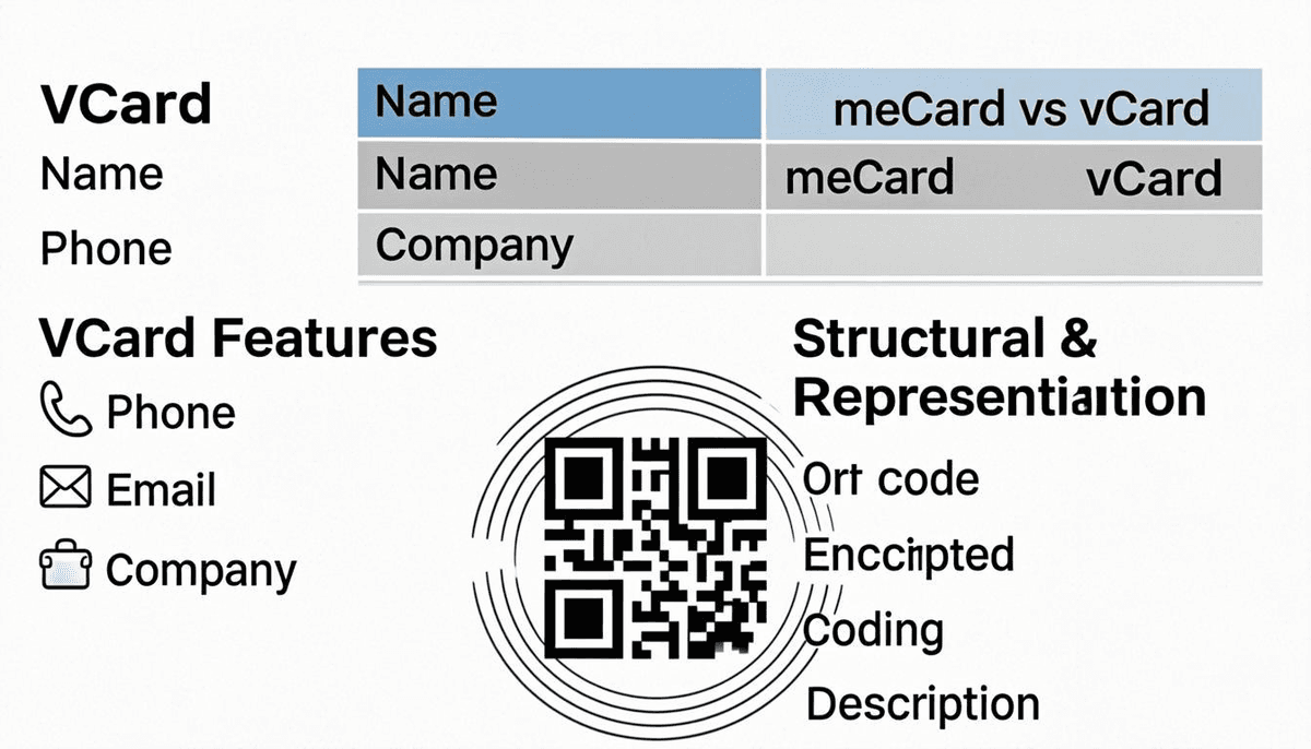 vCard QR code format breakdown — vCard vs meCard fields, how to create and scan digital business card QR codes