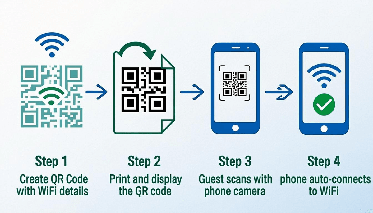 How WiFi QR codes work step by step — create QR code, display it, scan with phone camera, auto-connect to WiFi network