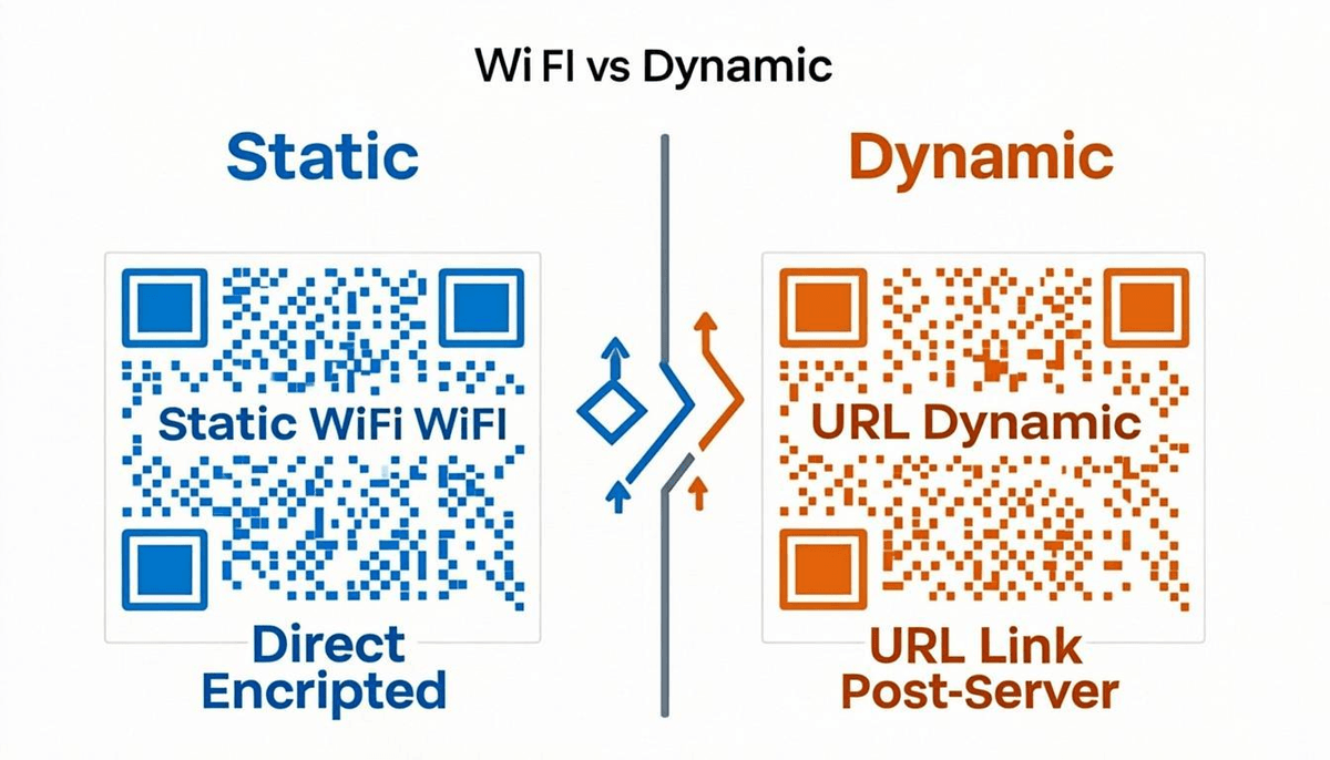 Static vs Dynamic WiFi QR Code comparison — Static encodes data directly in the QR code, Dynamic uses a URL that redirects to current WiFi credentials