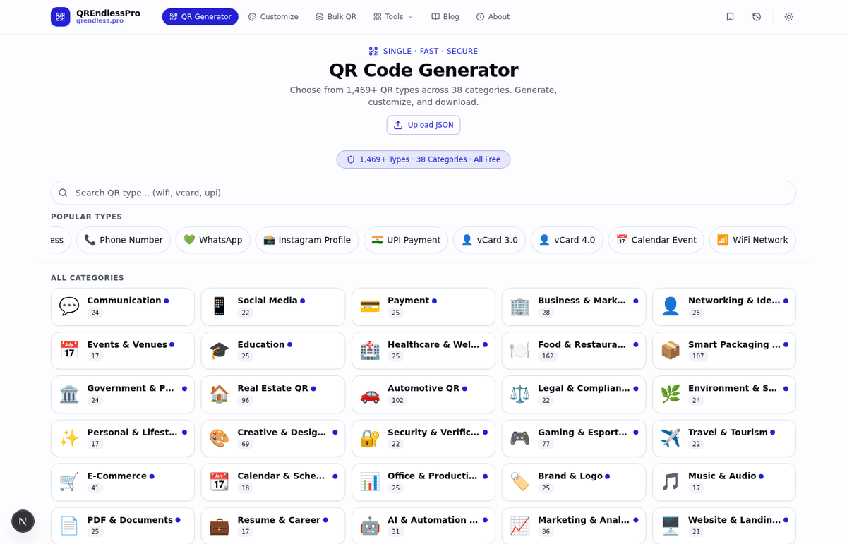 QREndlessPro QR Code Generator main screen showing Popular Types row with WiFi Network option and category grid