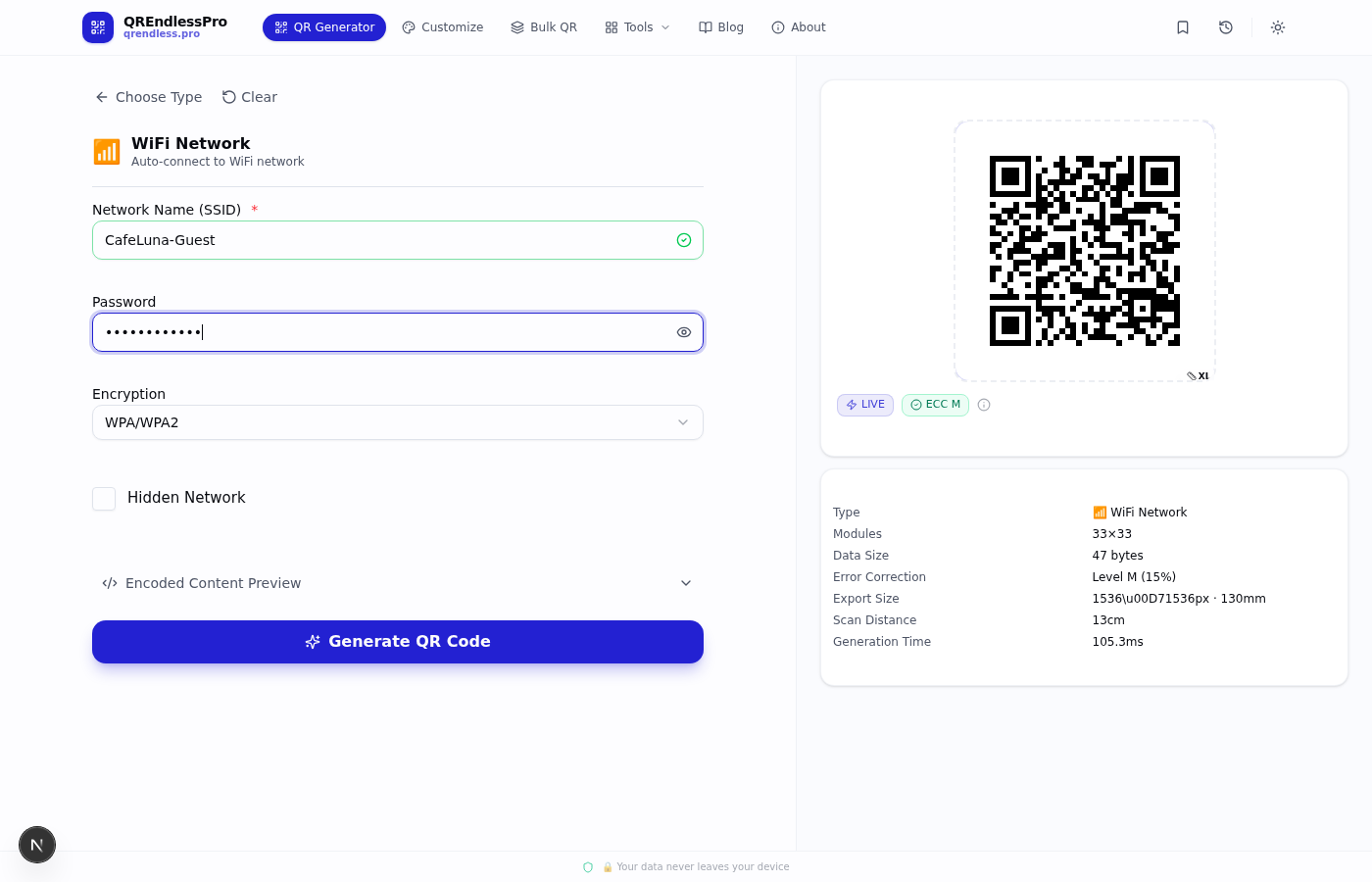WiFi Network form filled with example data — Network Name CafeLuna-Guest, Password masked, Encryption WPA/WPA2 selected, Generate QR Code button ready