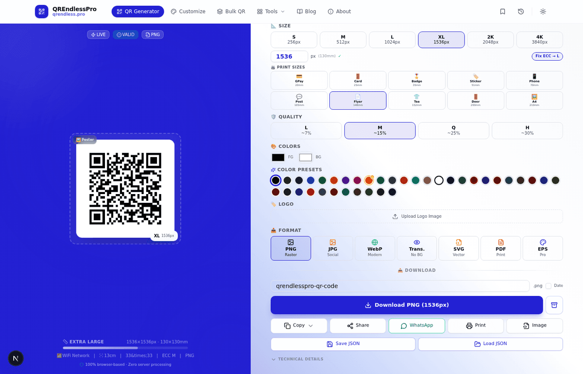 Download format options in QREndlessPro — PNG Raster, SVG Vector, PDF Print, EPS Pro tabs with Download PNG button