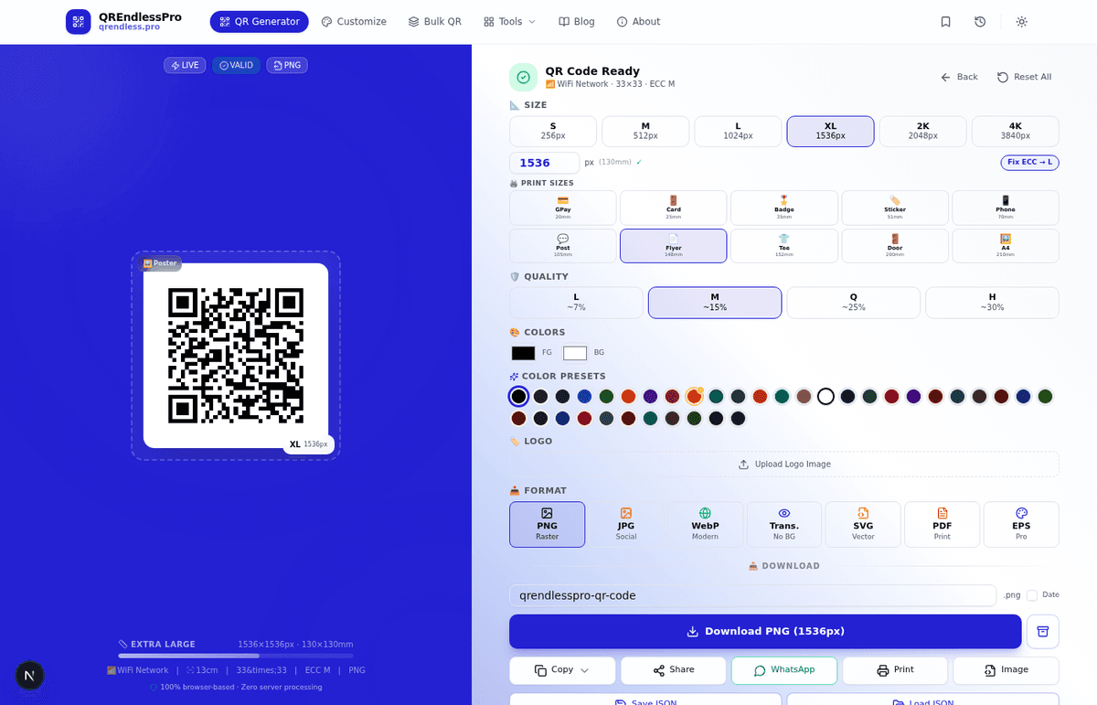 Generated WiFi QR code displayed in QREndlessPro with download options and size controls visible