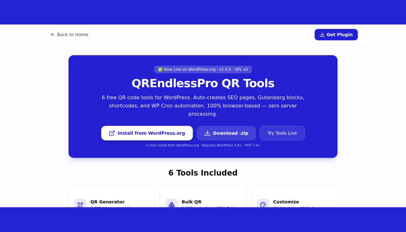 QREndlessPro QR Tools WordPress plugin page — 6 free QR code tools with Install from WordPress.org button