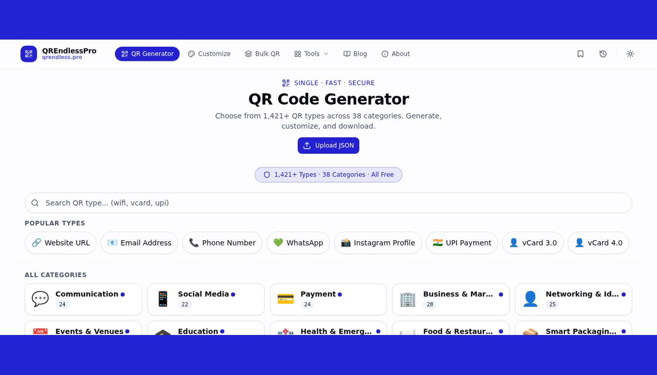 QR Code Generator tool on qrendless.pro — real-time preview with 1421+ QR types and instant PNG SVG download
