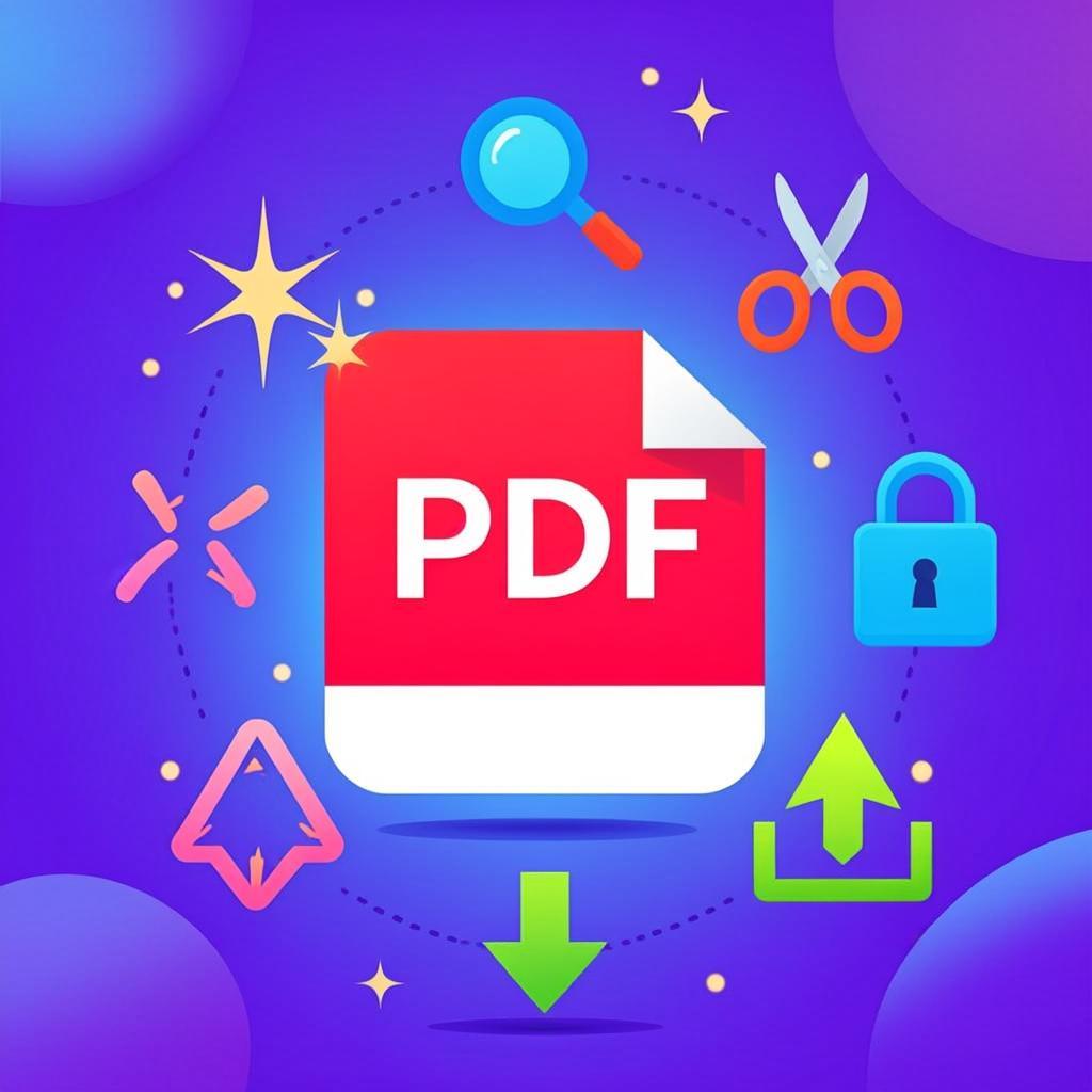 Animated illustration of a PDF document with motion lines and floating tool icons — compression, merge, split, convert, edit, protect. Clean, browser-based, no upload to server.